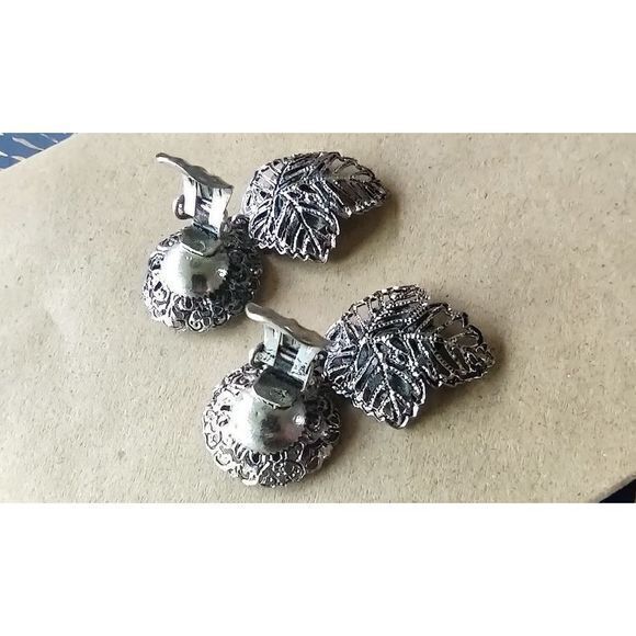 Pastel Rhinestone Dangling Leaf Clip On Earrings Silver Unmarked - Picture 9 of 11